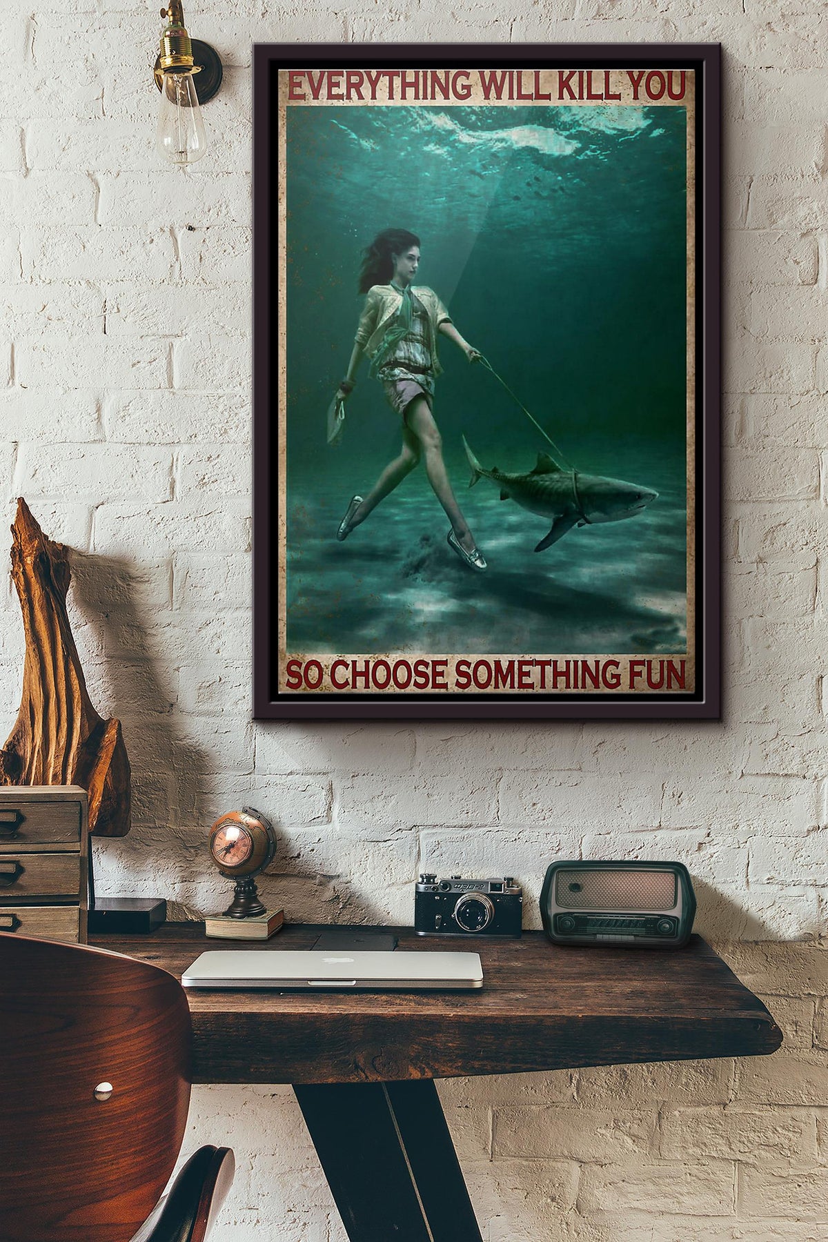 Girl And Shark Everything Will Kill You So Choose Something Fun Poster Framed Matte Canvas