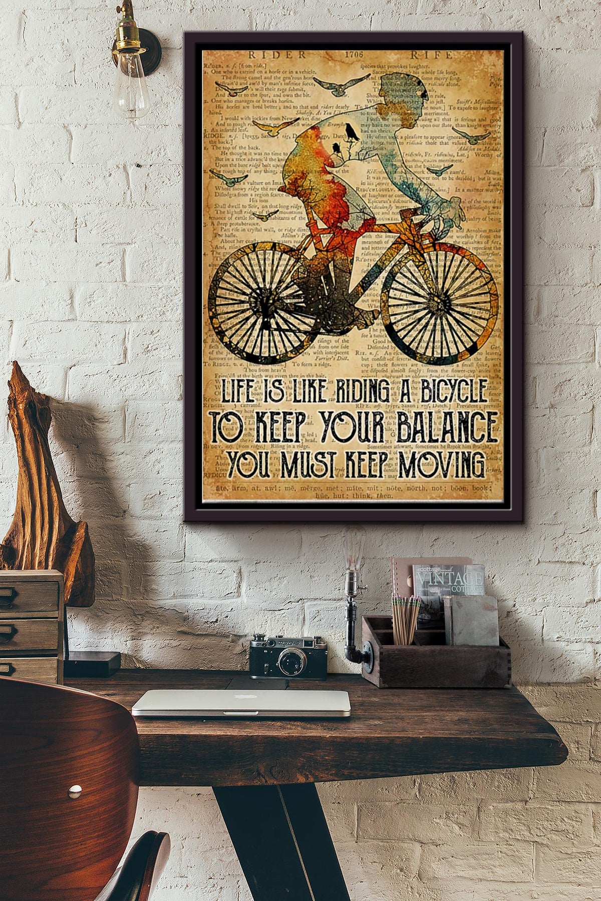 Cycling Life Is Like Riding Bicycle Vintage Poster - Sport Wall Art Canvas - Gift For Boy Men Male Father Fathers Day Boys Day Athletes Sportman Sport Lover Bicycle Repair Shop Framed Matte Canvas Framed Prints, Canvas