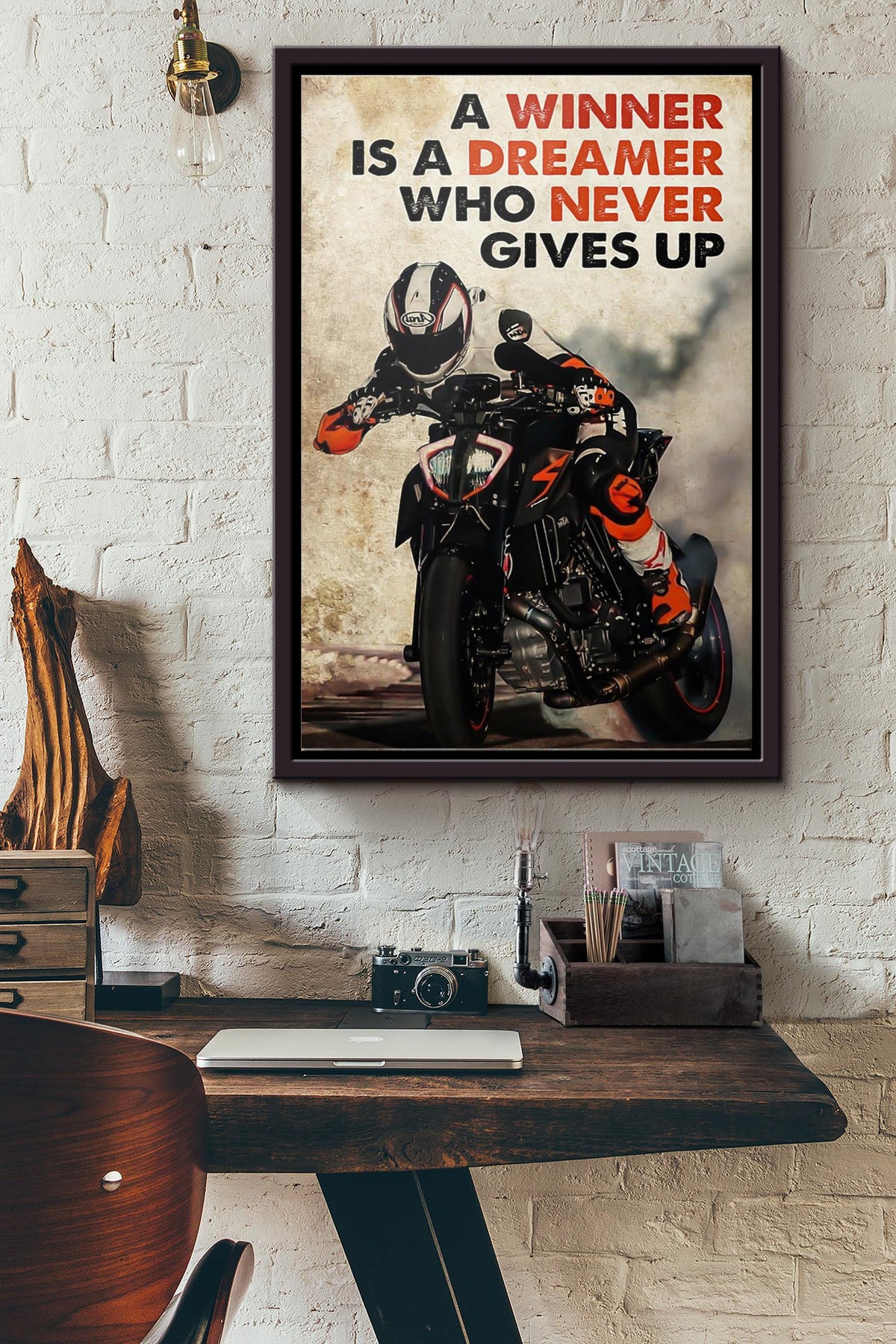 Biker A Winner Is A Dreamer Who Never Gives Up Poster Framed Matte Canvas