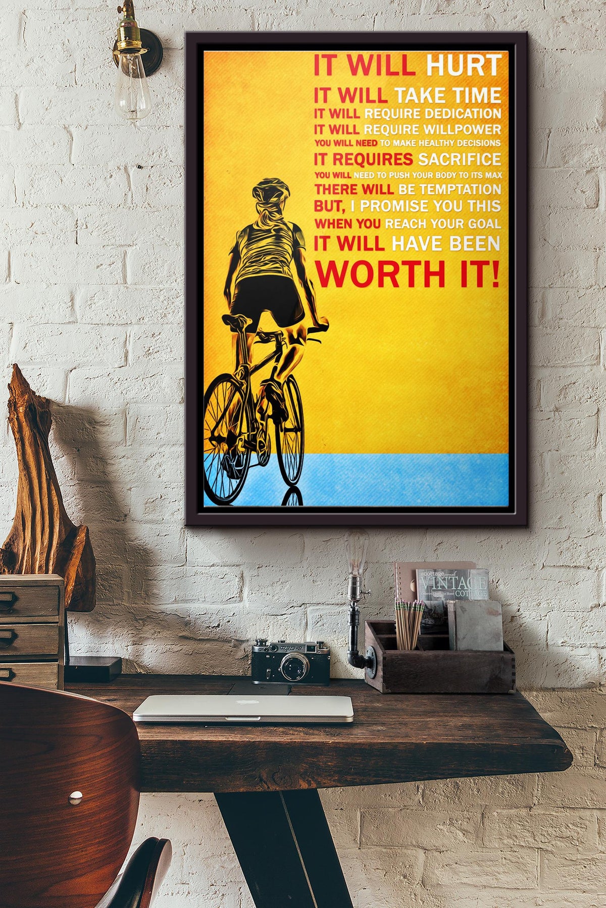 Cycling Bicycle It Will Hurt It Will Take Time Worth It Poster Framed Matte Canvas