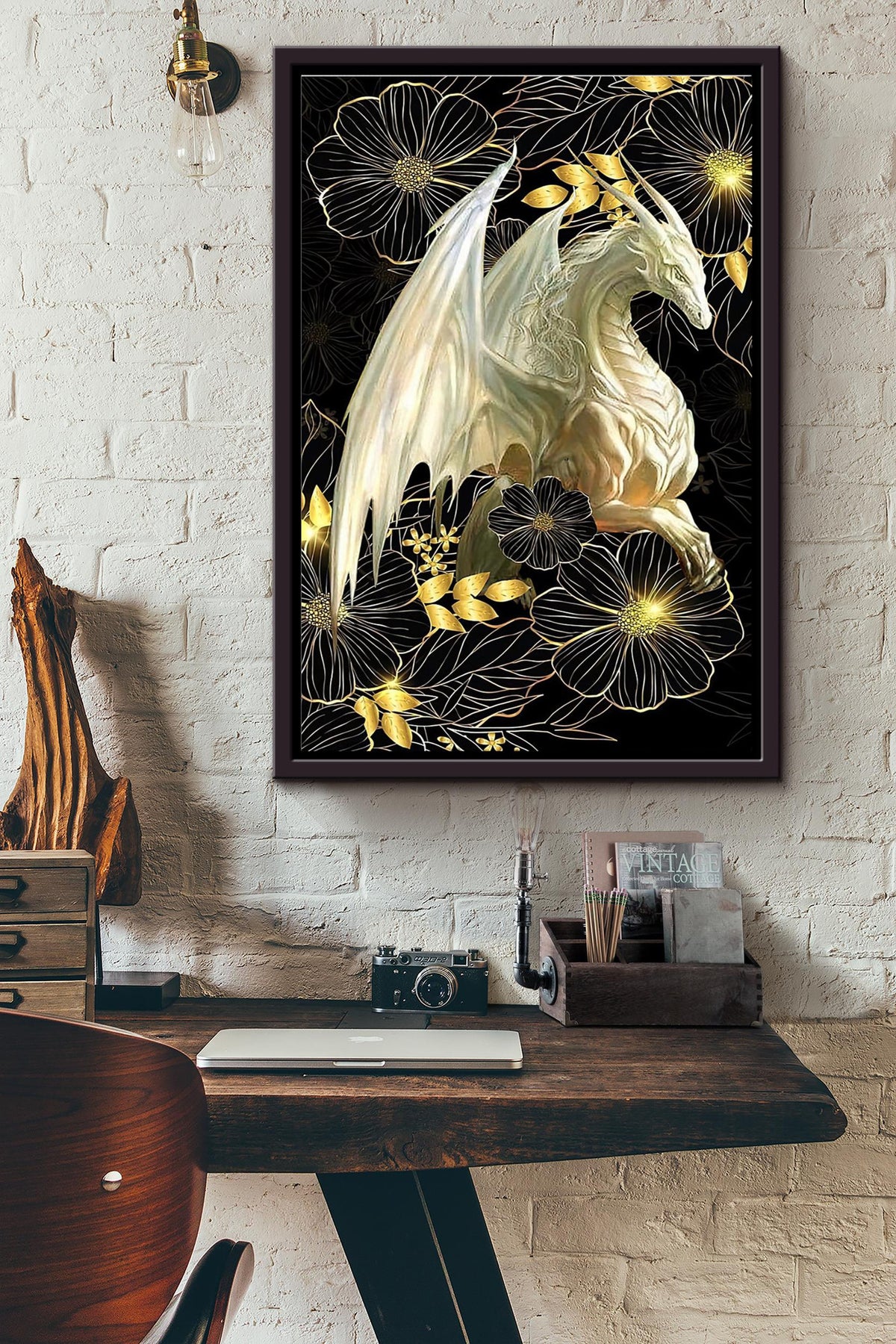 White Dragon Flowers Poster Framed Matte Canvas