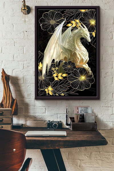 White Dragon Flowers Poster Framed Matte Canvas