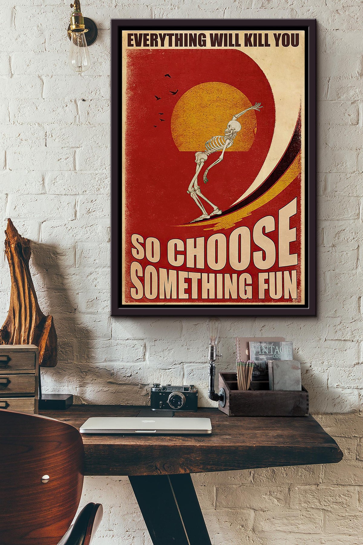 Surfing Skeleton Red Wave Everything Will Kill You So Choose Something Fun Poster Framed Matte Canvas