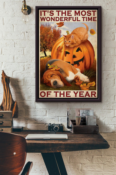 Cat Dog Pumpkin Halloween Its The Most Wonderful Time Of The Year Poster Framed Matte Canvas