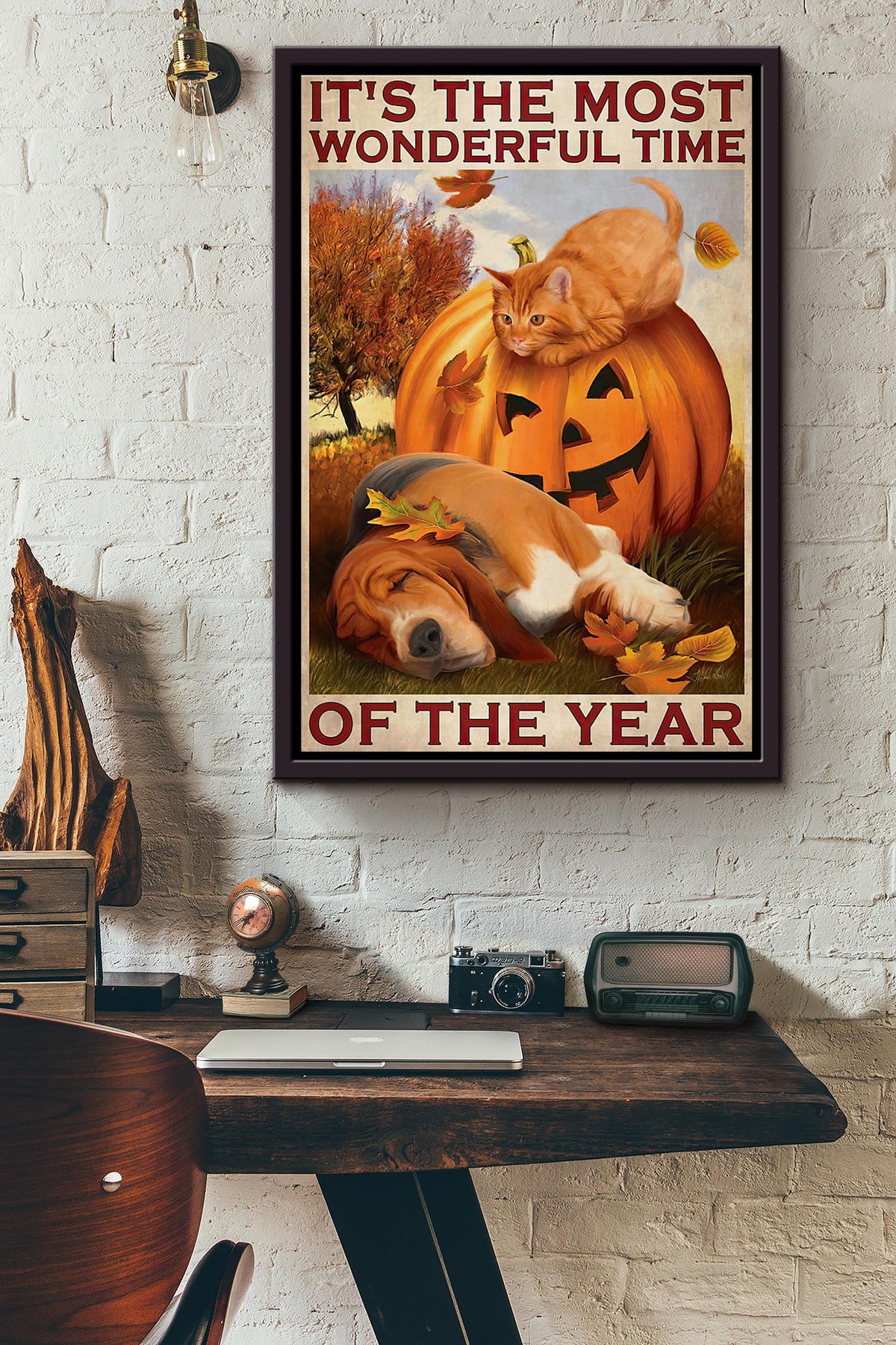 Cat Dog Pumpkin Halloween Its The Most Wonderful Time Of The Year Poster Framed Matte Canvas