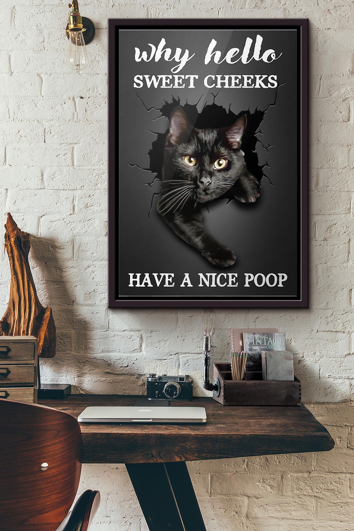 Black Cat Why Hello Sweet Cheeks Have A Nice Poop Poster Framed Matte Canvas