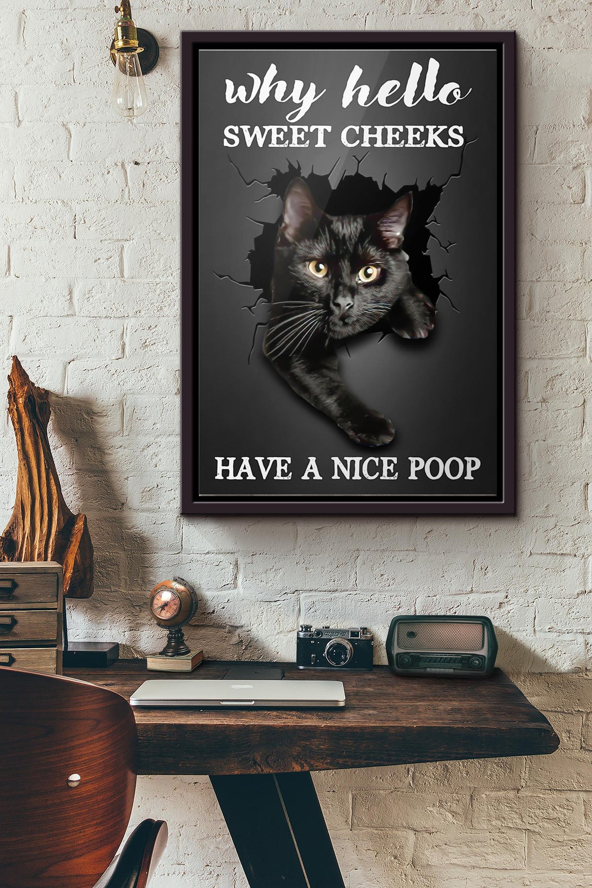 Black Cat Why Hello Sweet Cheeks Have A Nice Poop Poster Framed Matte Canvas