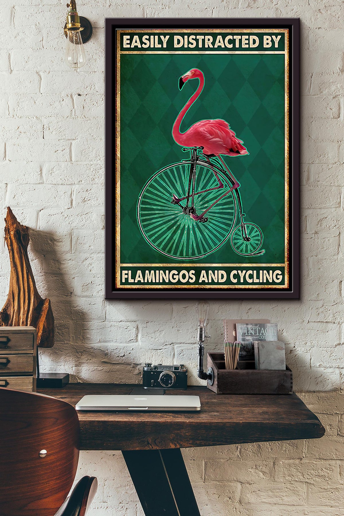 Easily Distracted By Flamingos And Cycling Poster Framed Matte Canvas