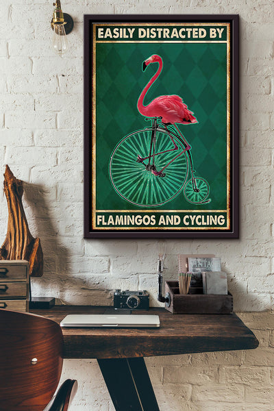Easily Distracted By Flamingos And Cycling Poster Framed Matte Canvas
