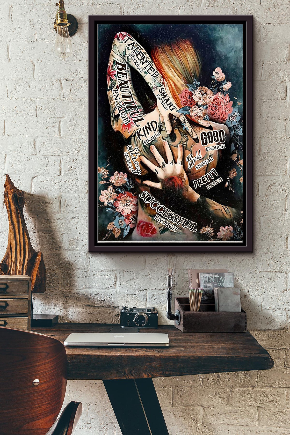 Tattoo Girl With Flowers Art Poster Framed Matte Canvas