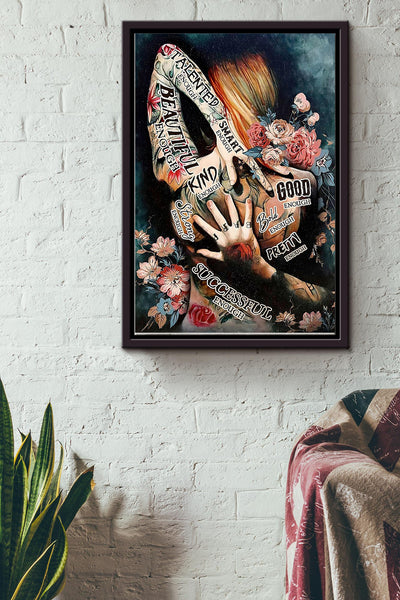 Tattoo Girl With Flowers Art Poster Framed Matte Canvas