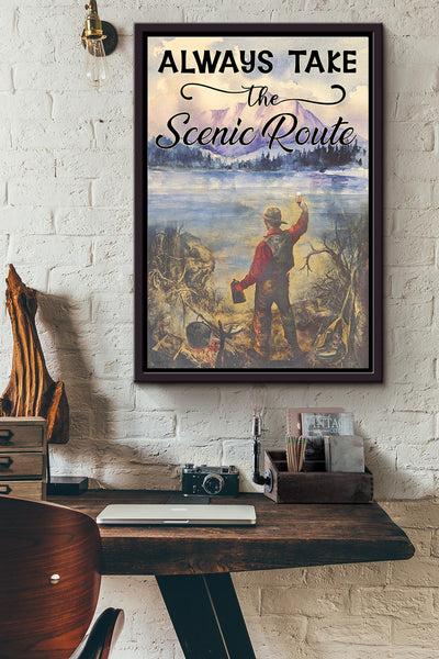 Camp Beer Mountain View Always Take The Scenic Route Poster Framed Matte Canvas