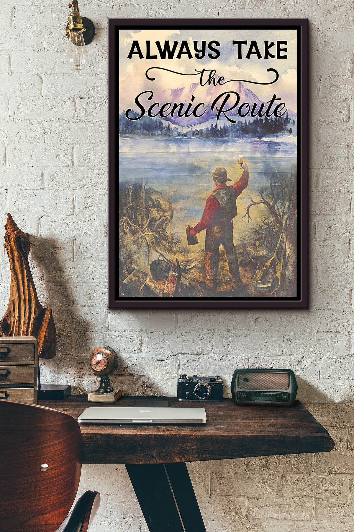 Camp Beer Mountain View Always Take The Scenic Route Poster Framed Matte Canvas