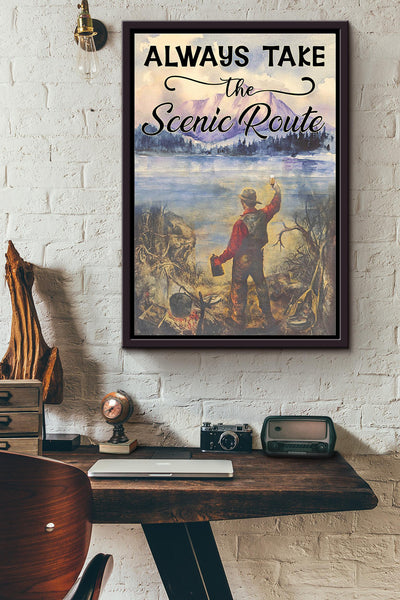 Camp Beer Mountain View Always Take The Scenic Route Poster Framed Matte Canvas