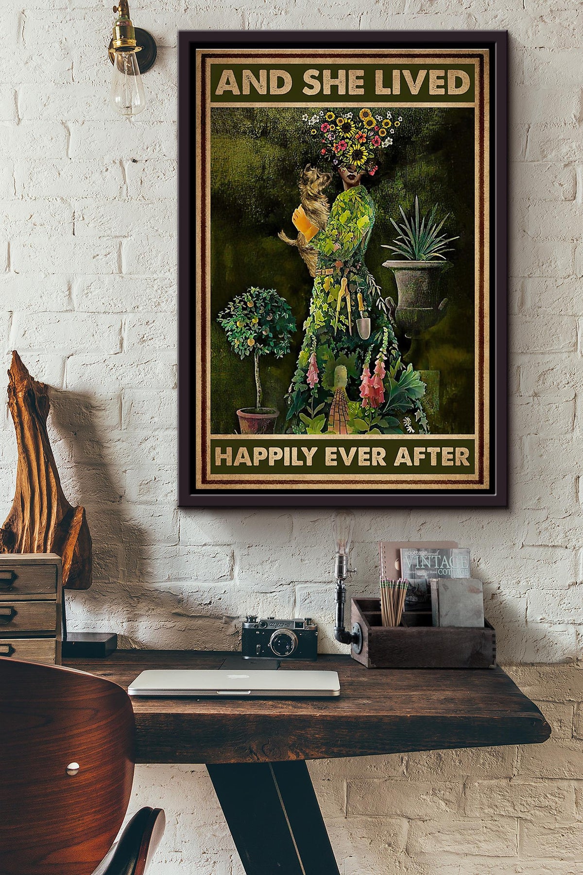 Gardening Girl With Dog She Lived Happily Ever After Poster Framed Matte Canvas