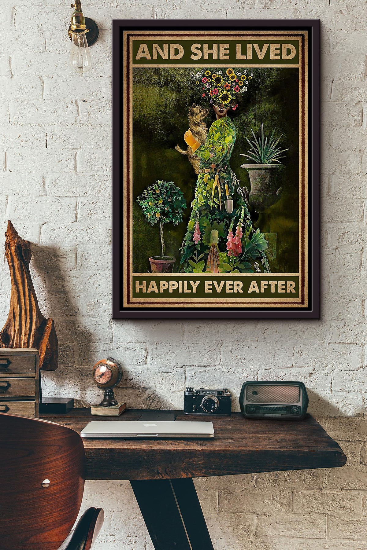 Gardening Girl With Dog She Lived Happily Ever After Poster Framed Matte Canvas