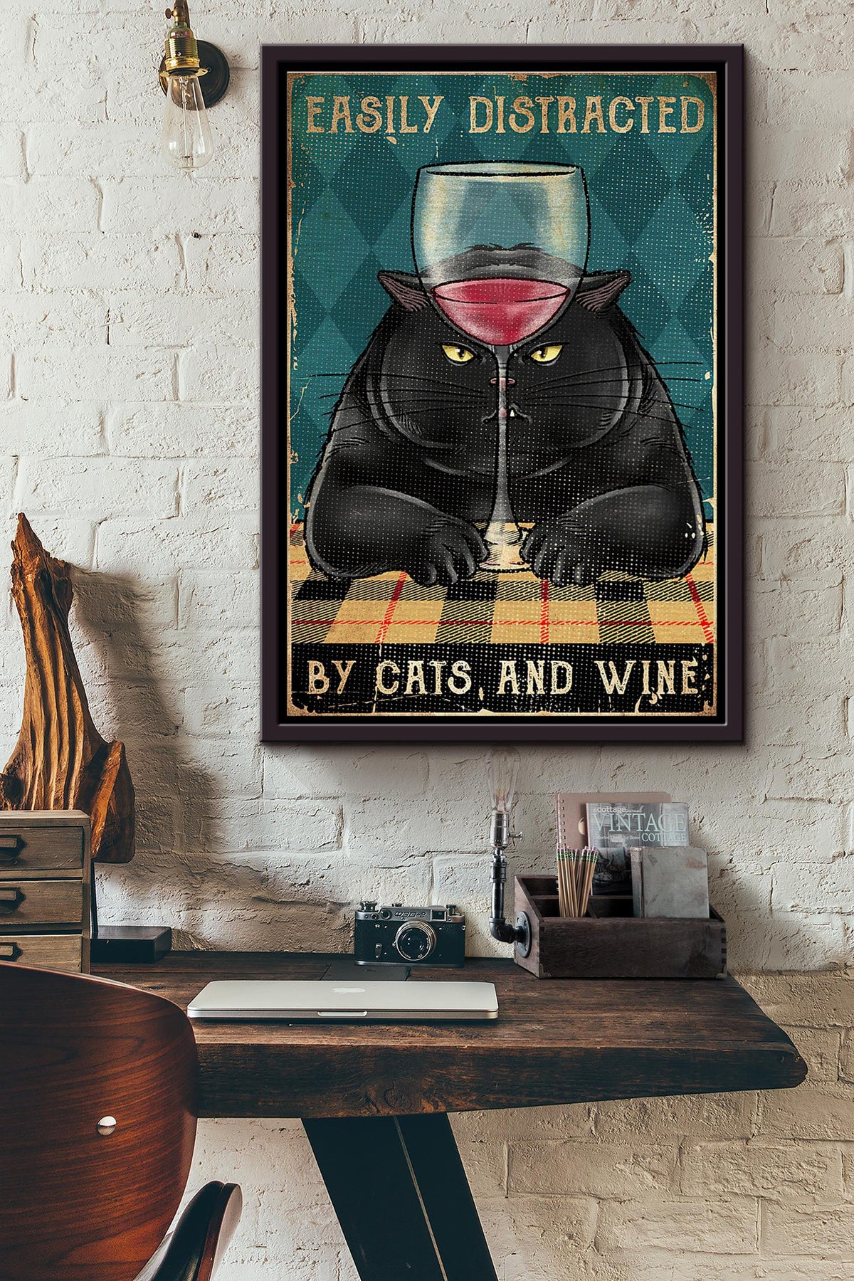 Chubby Cat Easily Distracted By Cats And Wine Poster Framed Matte Canvas