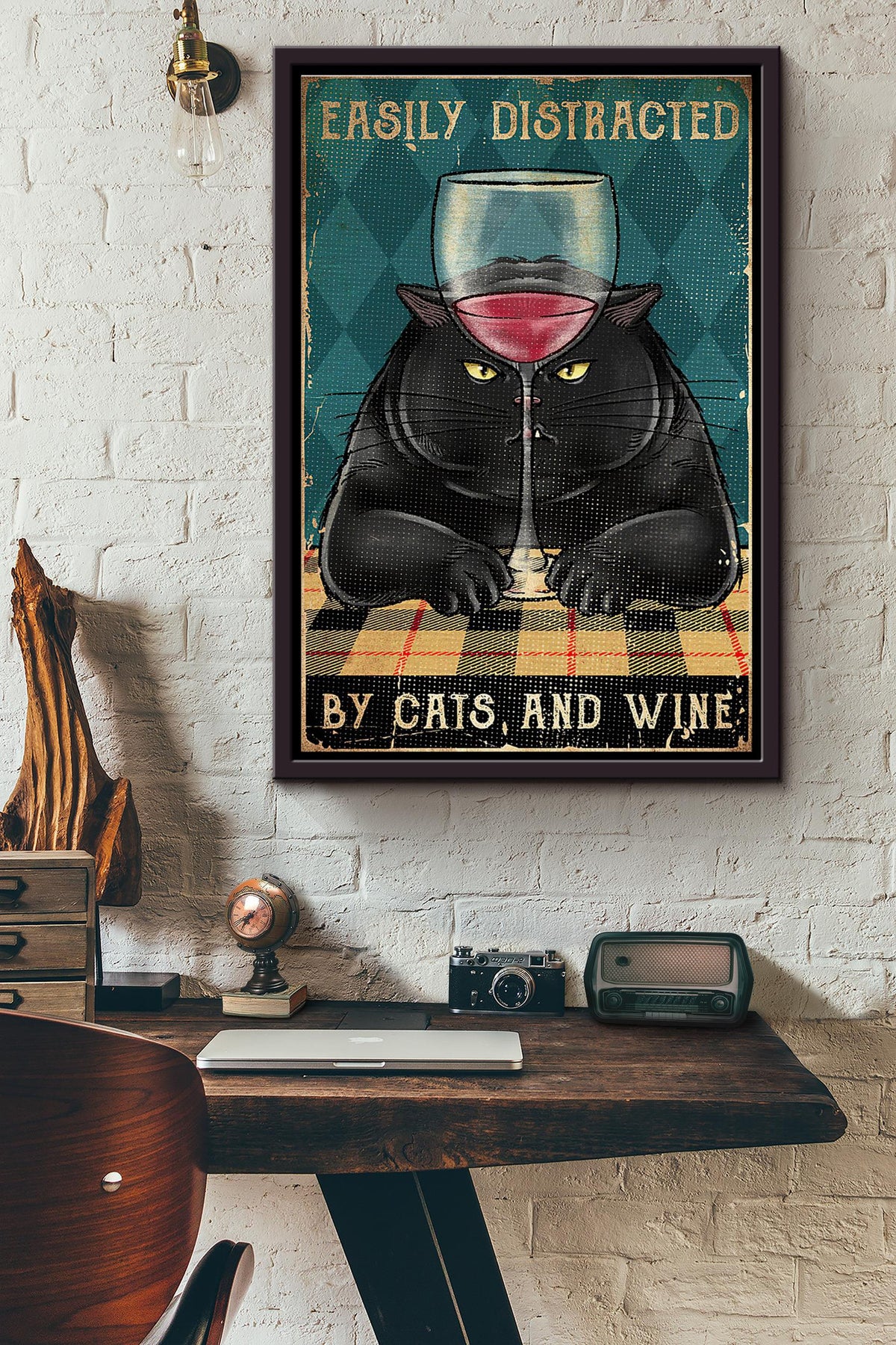 Chubby Cat Easily Distracted By Cats And Wine Poster Framed Matte Canvas
