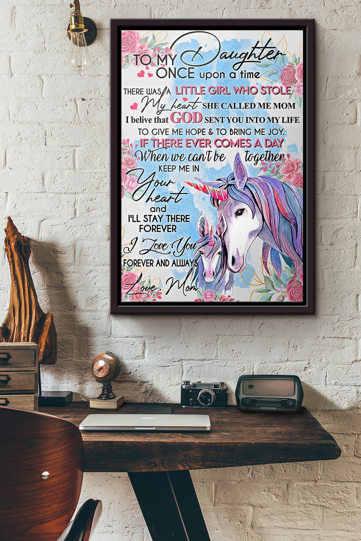 Unicorn To My Daughter Mom Poster Framed Matte Canvas