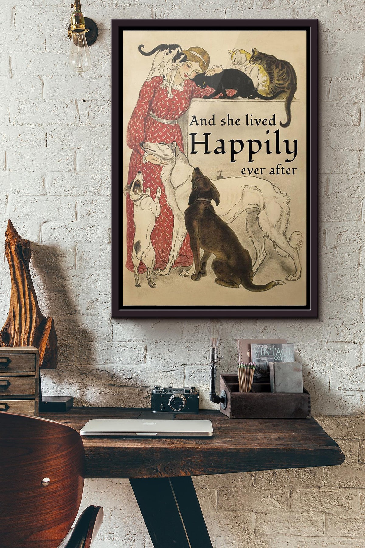 Dogs And Cats And She Lived Happily Ever After Poster Framed Matte Canvas