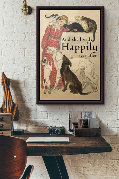 Dogs And Cats And She Lived Happily Ever After Poster Framed Matte Canvas