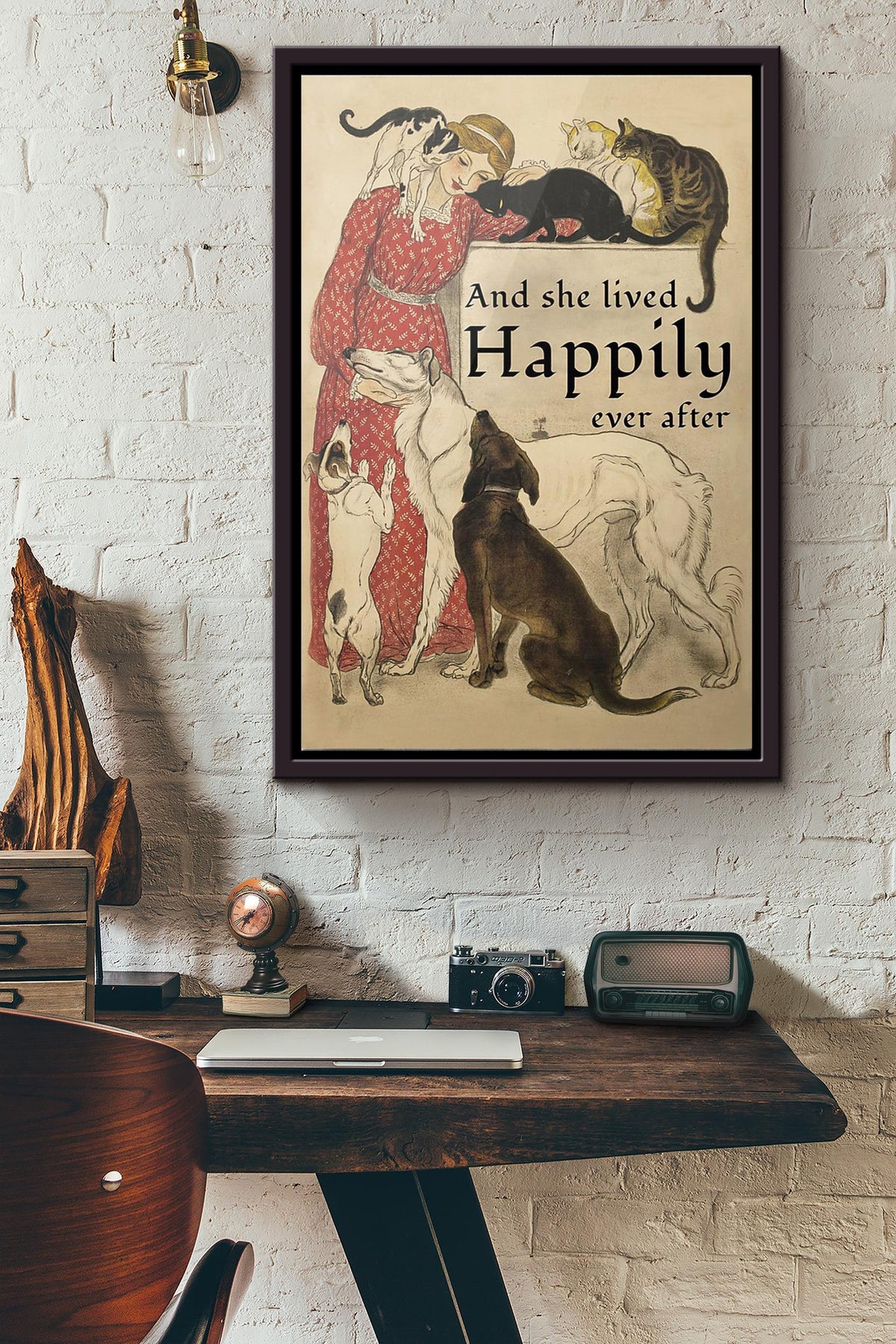 Dogs And Cats And She Lived Happily Ever After Poster Framed Matte Canvas