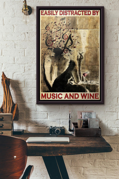 Girl Easily Distracted By Music And Wine Poster Framed Matte Canvas