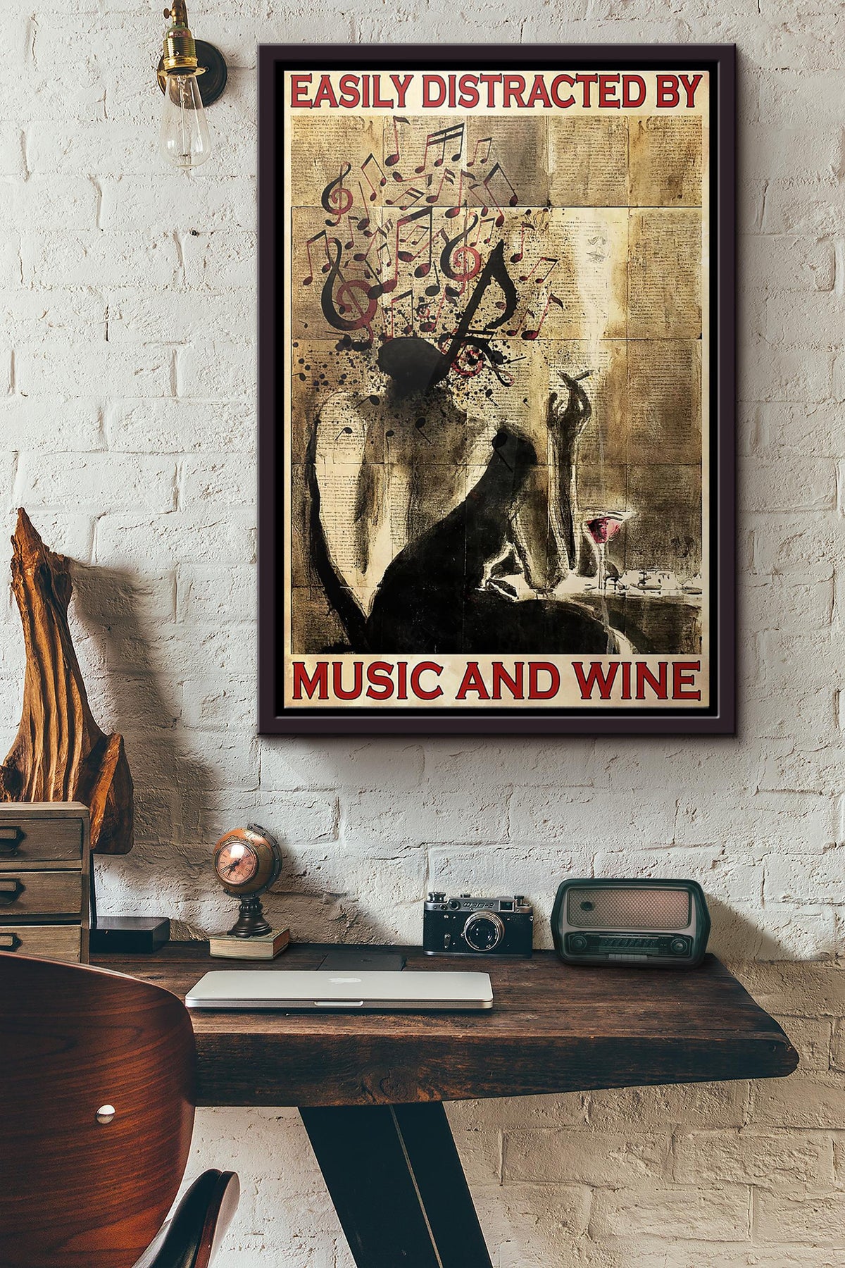 Girl Easily Distracted By Music And Wine Poster Framed Matte Canvas