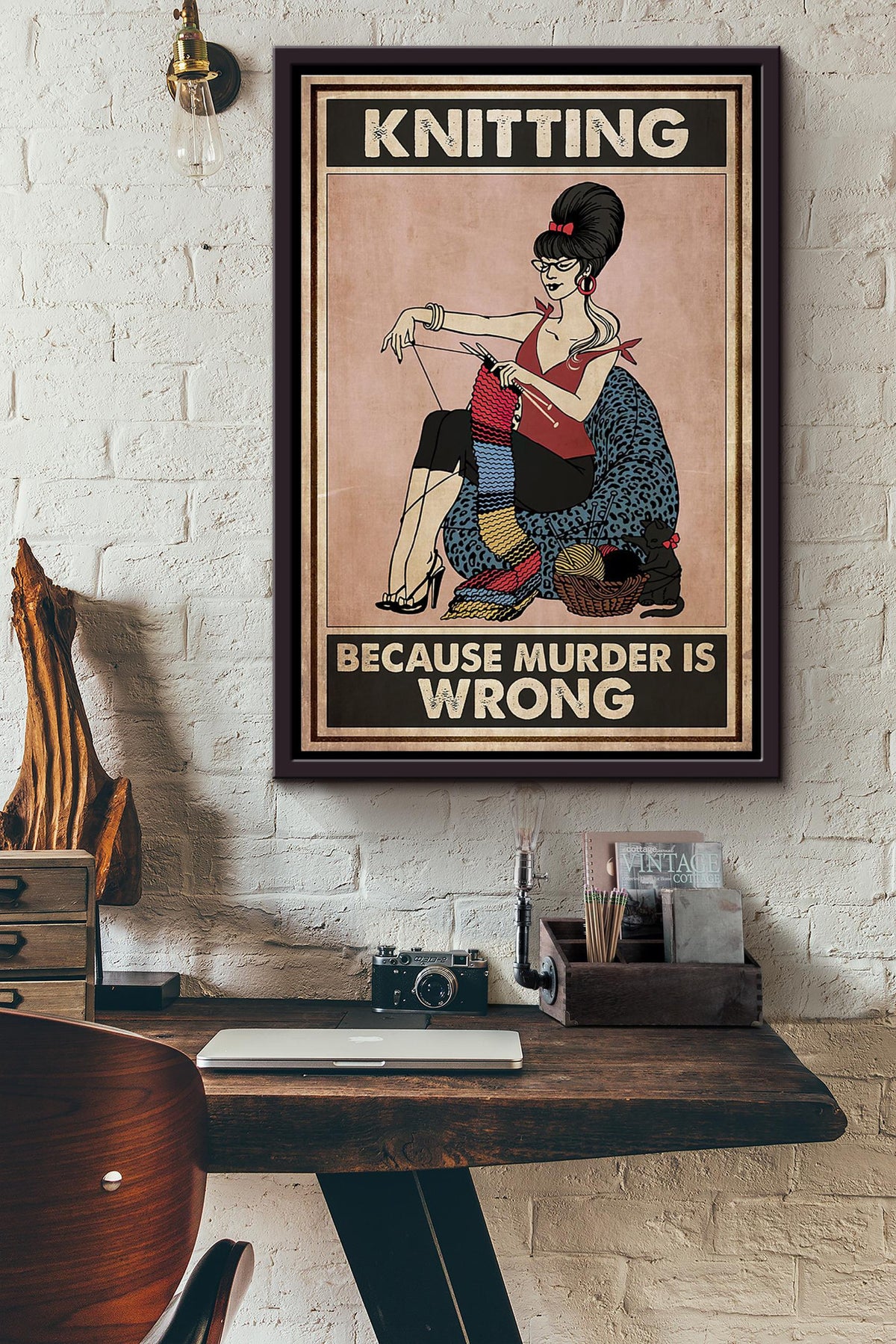 Knitting With Cat Because Murder Is Wrong Quote Poster Framed Matte Canvas