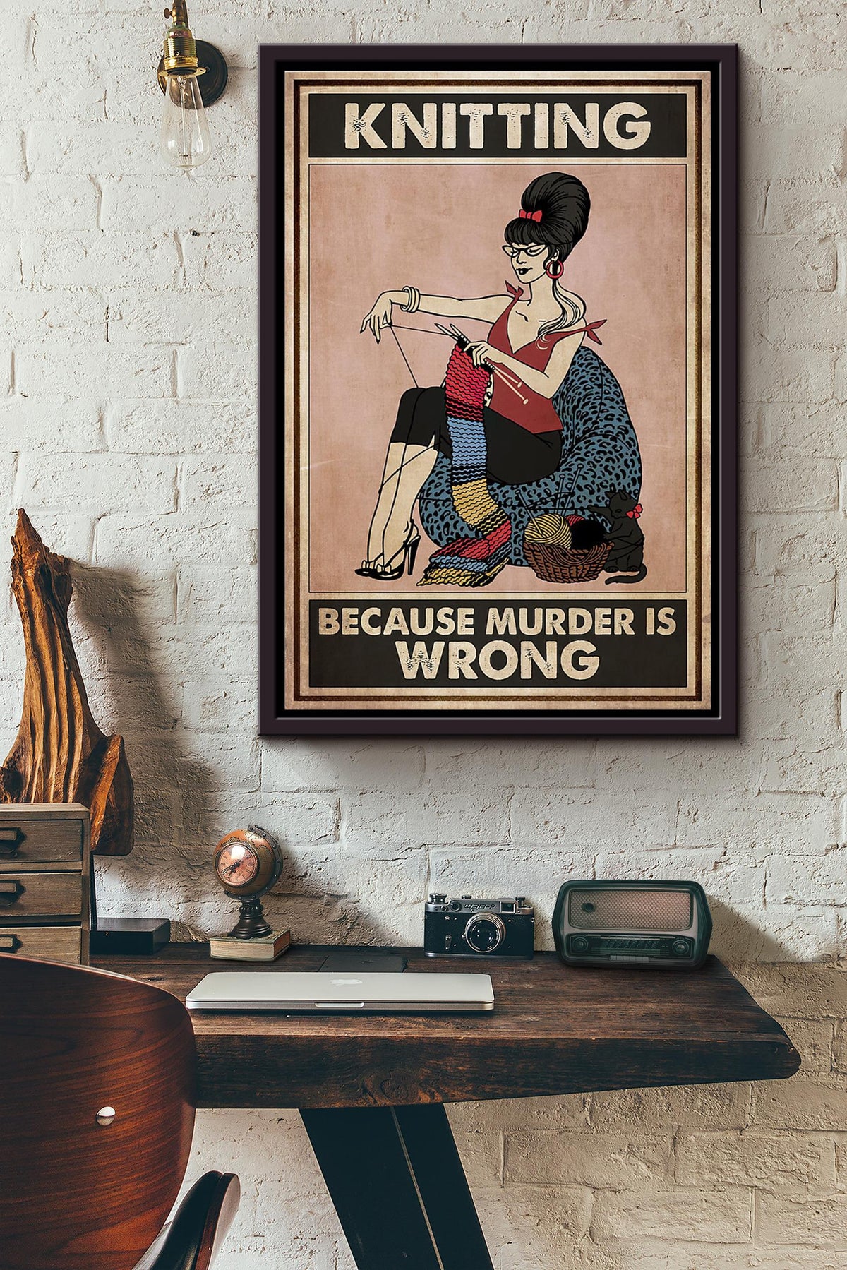 Knitting With Cat Because Murder Is Wrong Quote Poster Framed Matte Canvas