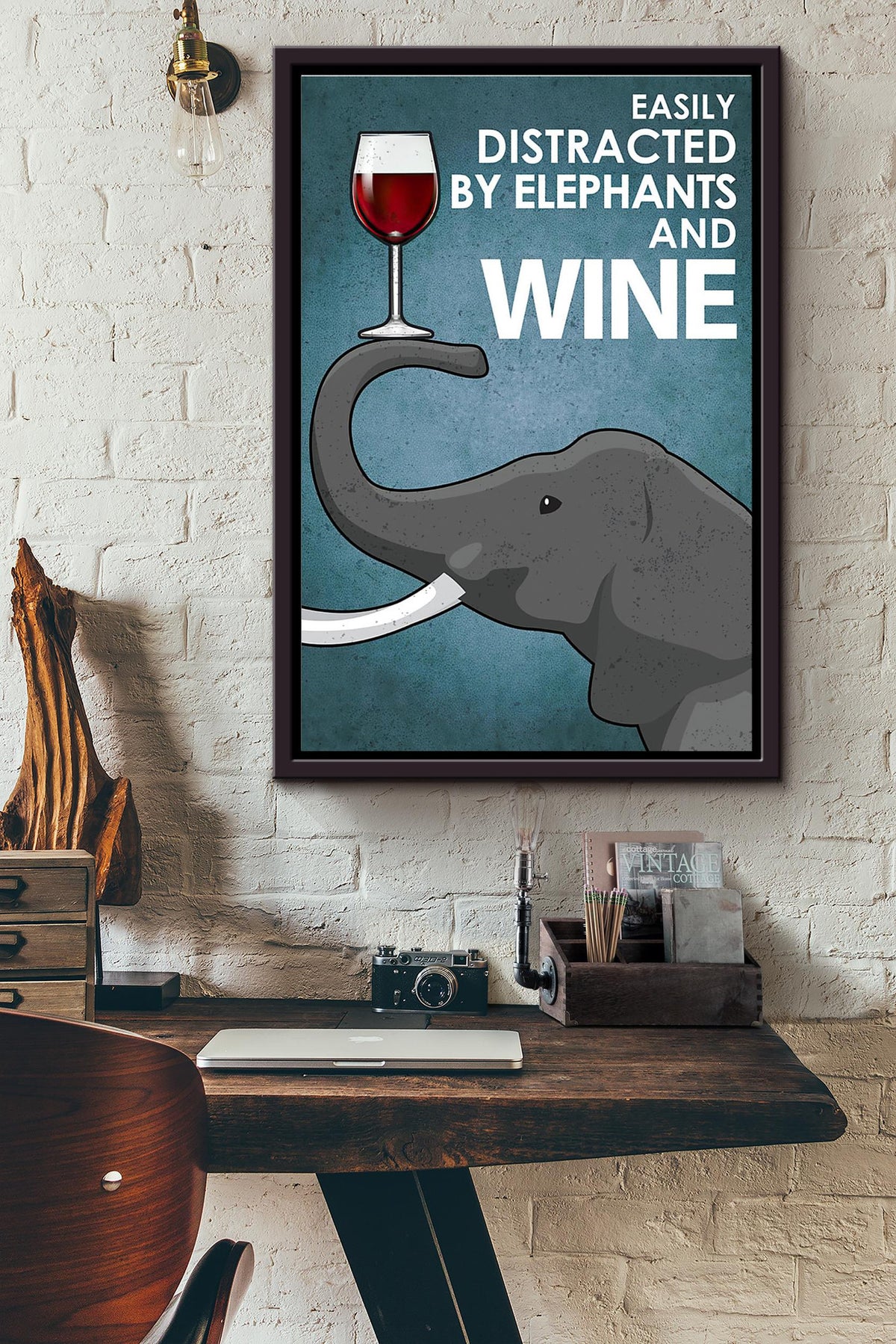 Easily Distracted By Elephants And Red Wine Poster Framed Matte Canvas