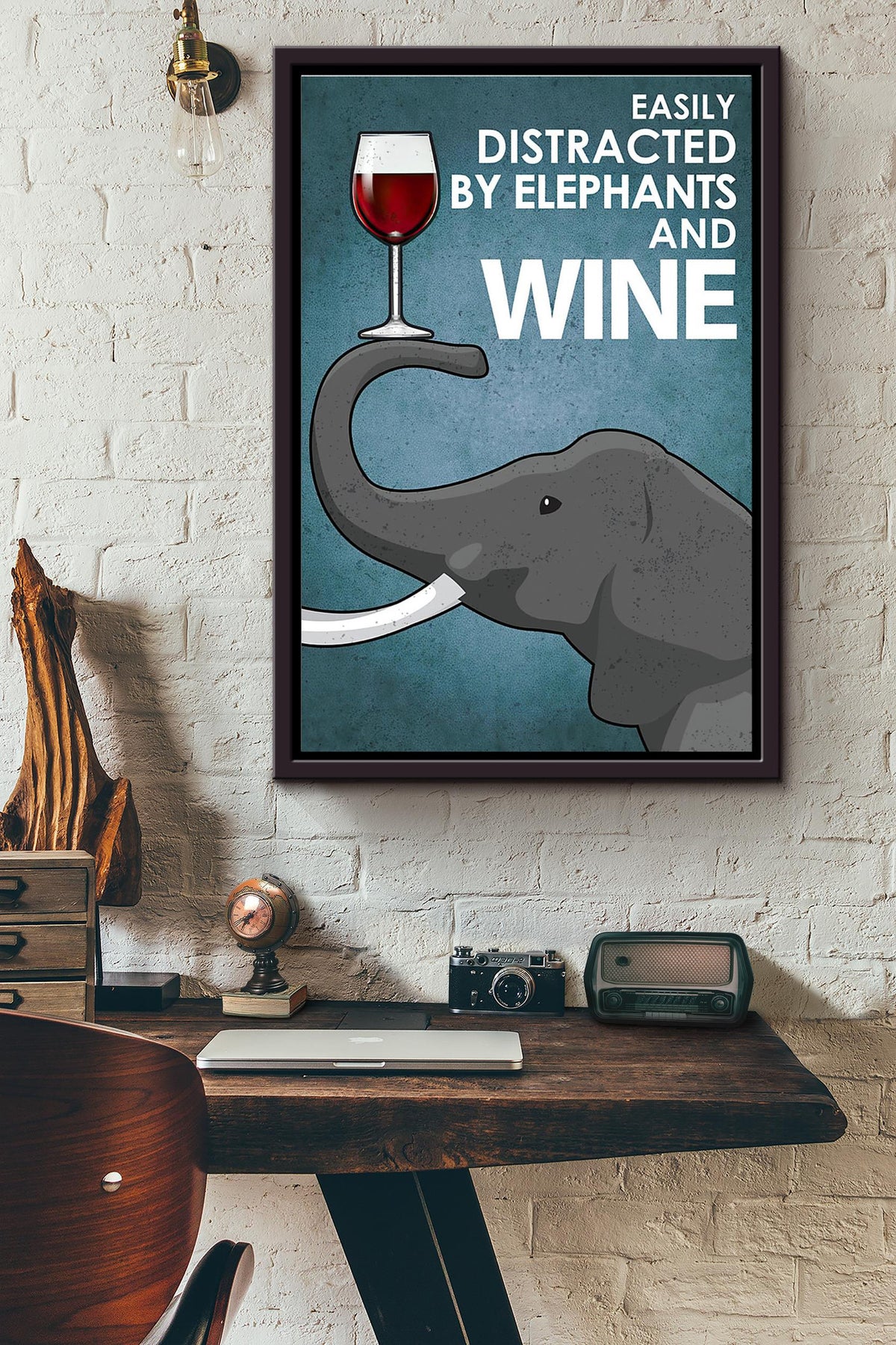 Easily Distracted By Elephants And Red Wine Poster Framed Matte Canvas
