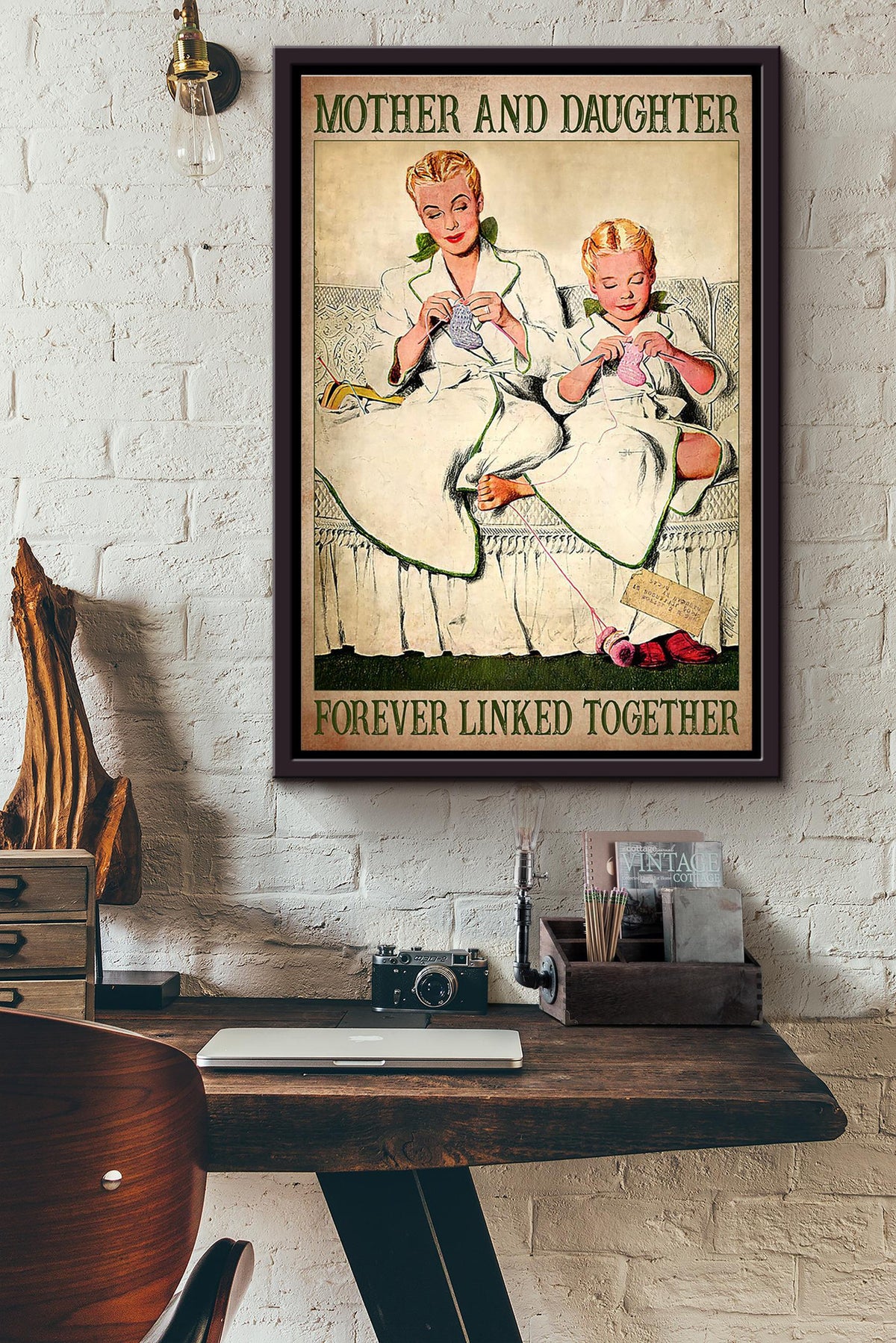 Mother And Daughter Forever Linked Together Kniting Poster Framed Matte Canvas