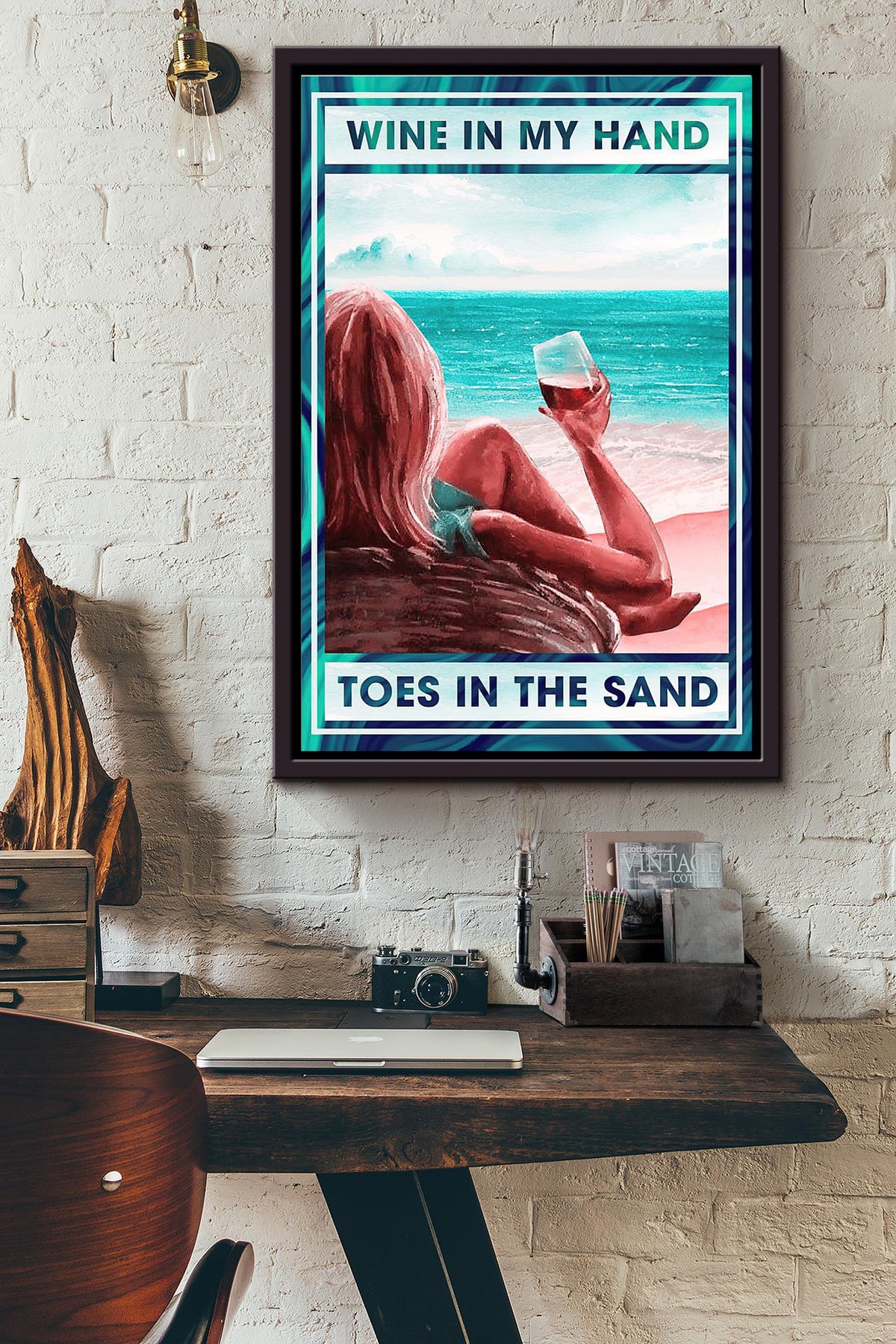 Wine In My Hand Toes In The Sand Poster Framed Matte Canvas