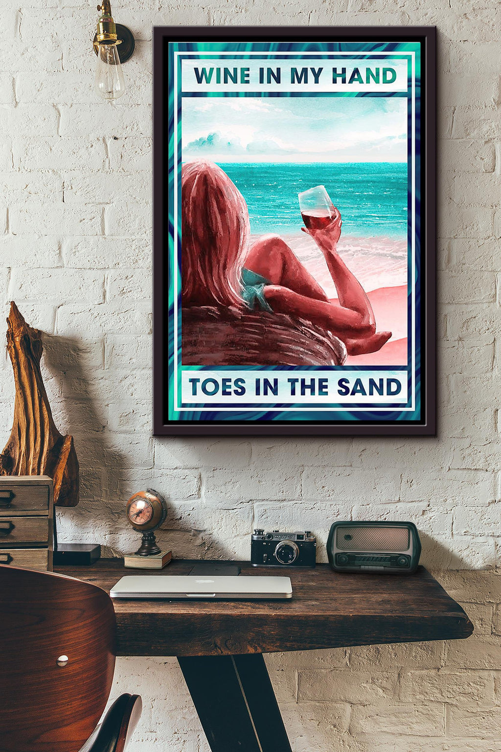 Wine In My Hand Toes In The Sand Poster Framed Matte Canvas