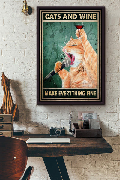 Muchkin Cats And Red Wine Make Everything Fine Poster Framed Matte Canvas
