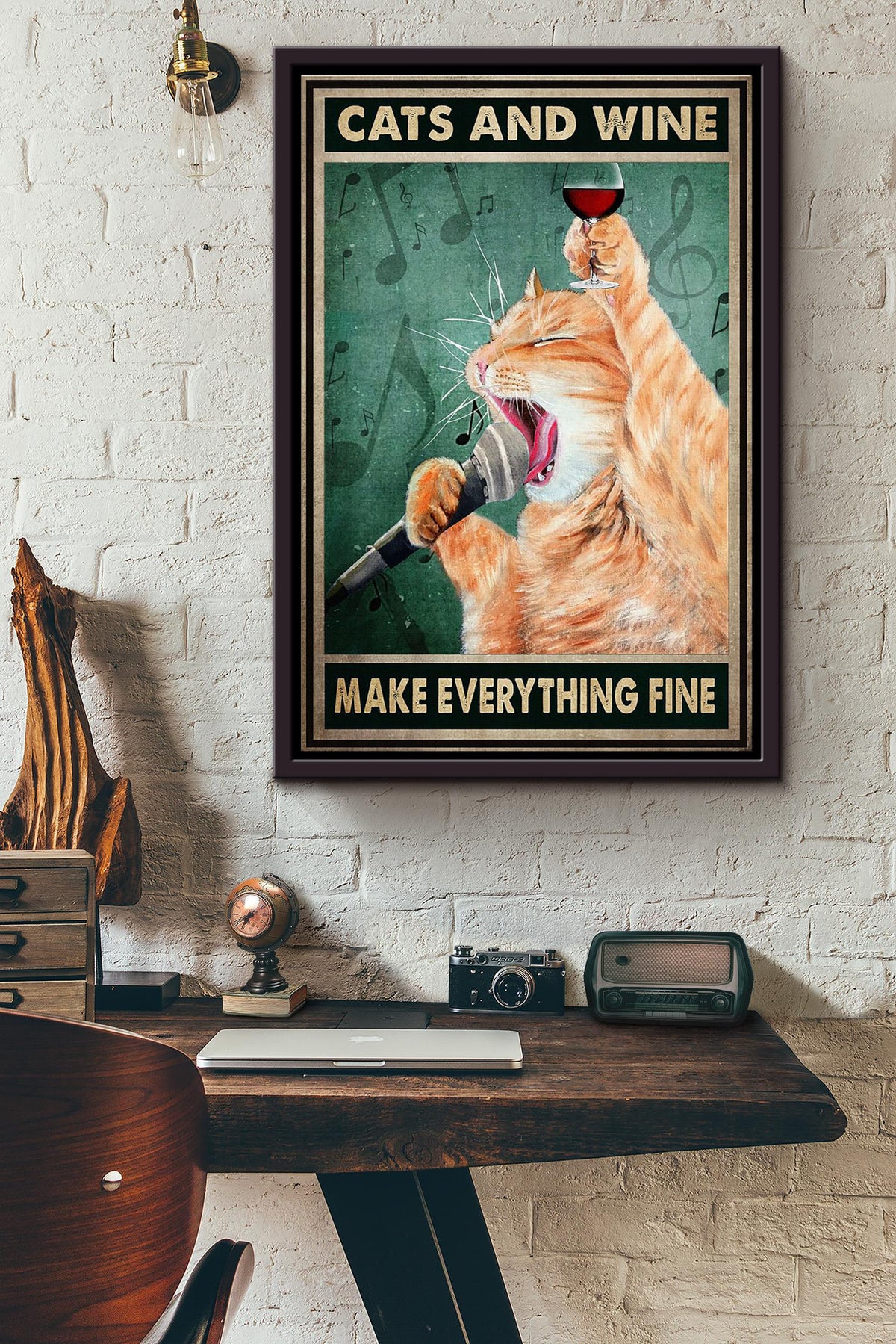 Muchkin Cats And Red Wine Make Everything Fine Poster Framed Matte Canvas