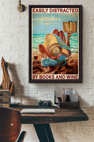 Easily Distracted By Books And Wine Summer Beach Poster Framed Matte Canvas