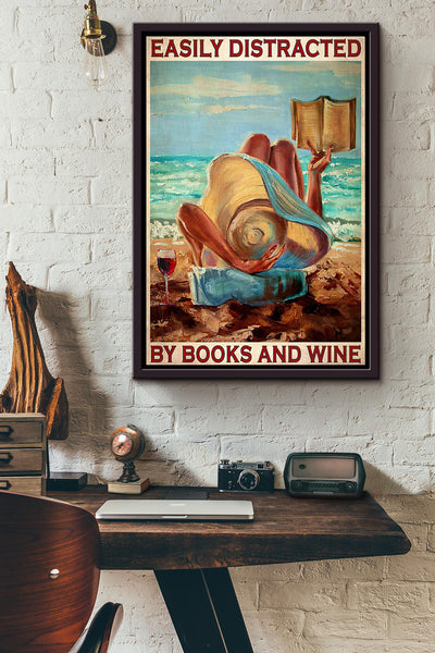 Easily Distracted By Books And Wine Summer Beach Poster Framed Matte Canvas