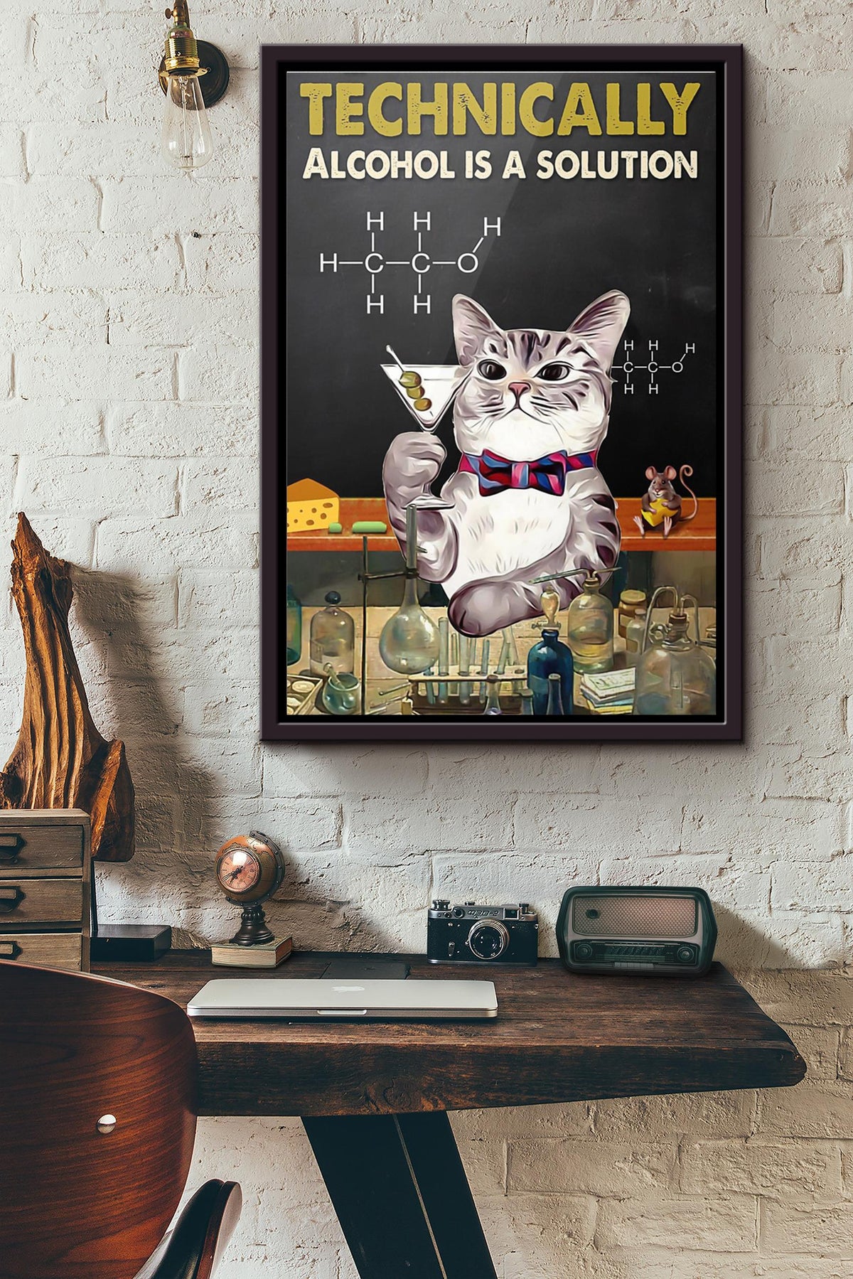 Cat Technically Alcohol Is A Solution Poster Framed Matte Canvas