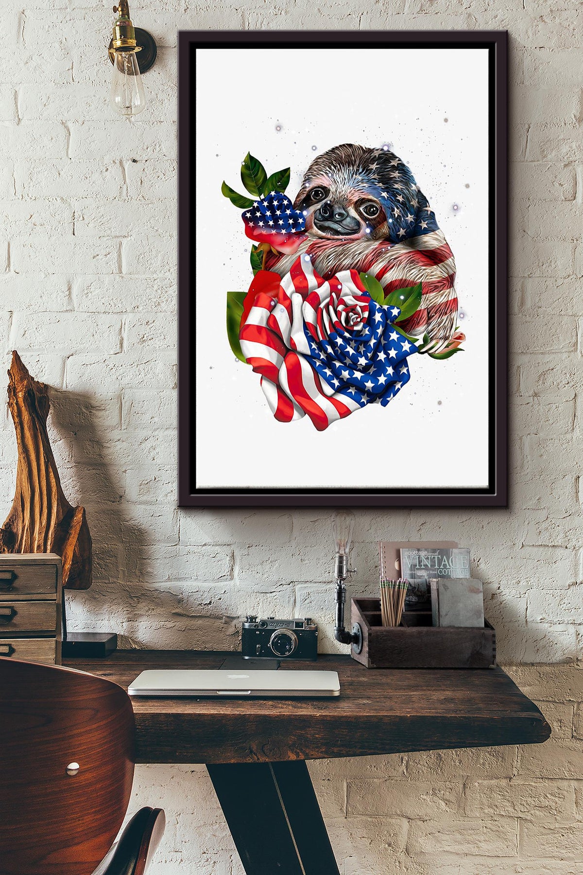 American Sloth With Roses Poster Framed Matte Canvas