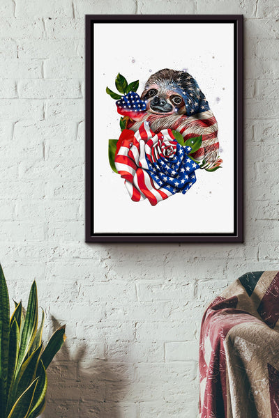 American Sloth With Roses Poster Framed Matte Canvas