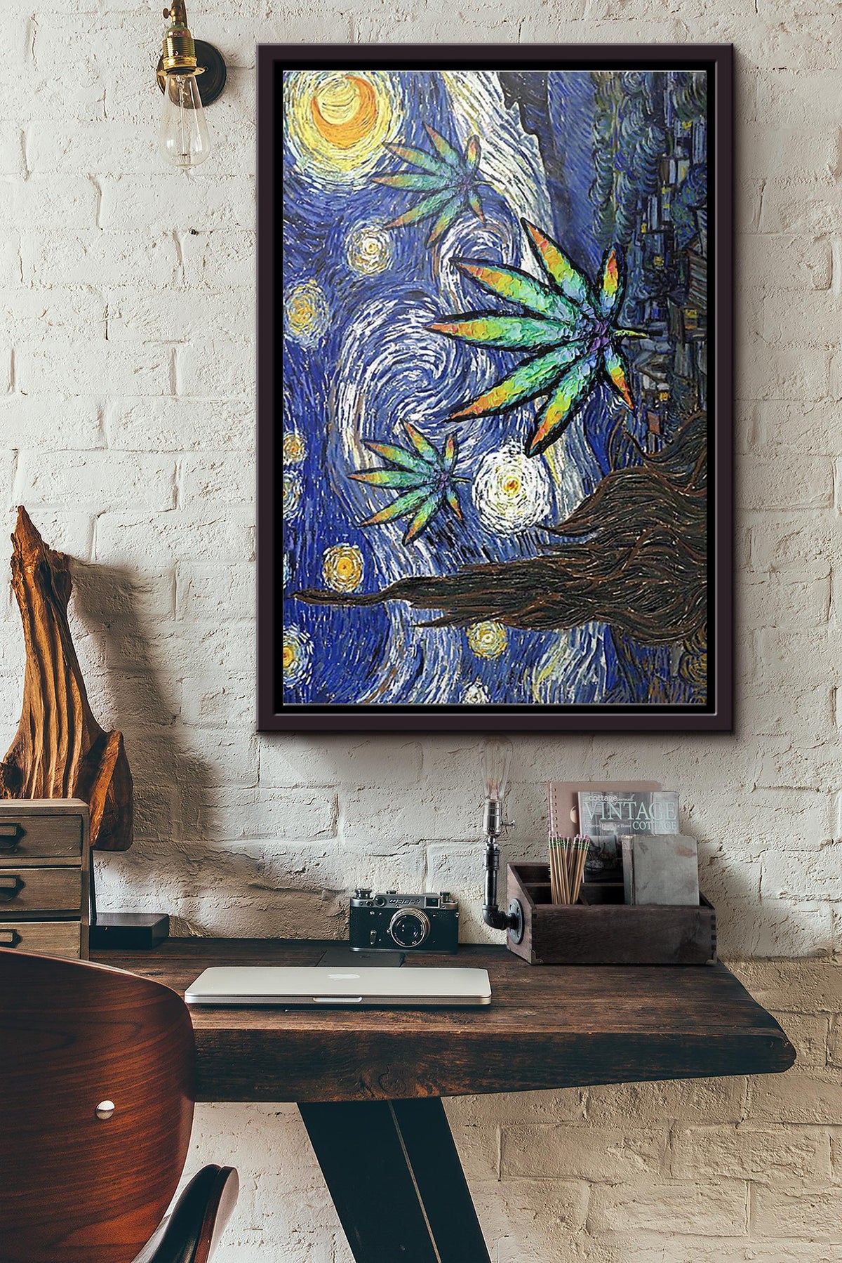 Weed Starry Night Van Gogh Poster Framed Matte Canvas