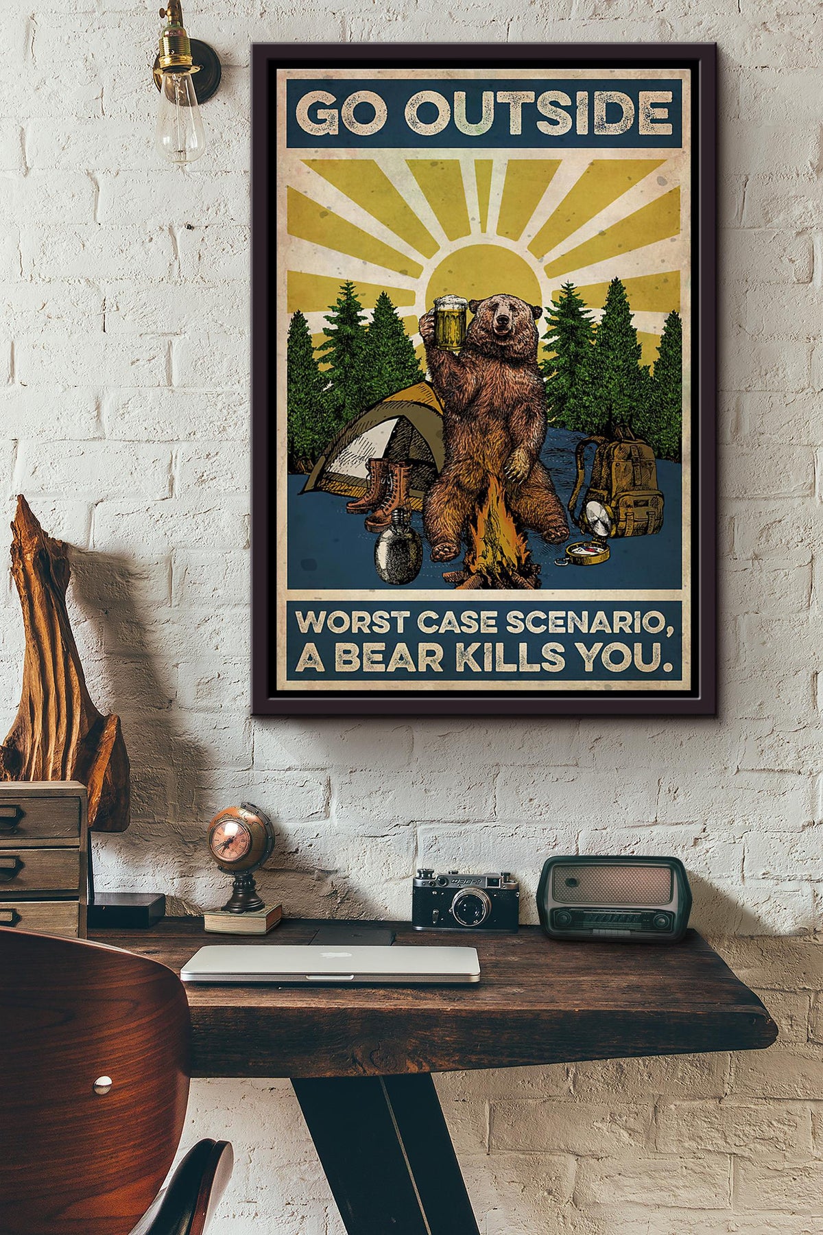 Sunburst Camp Go Outside Worst Case Scenario A Bear Kills You Poster Framed Matte Canvas