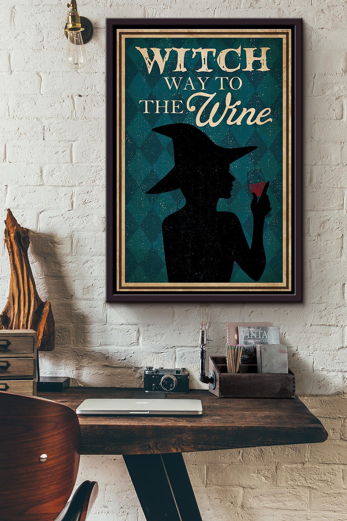 Witch Way To The Wine Drinking Halloween Poster Framed Matte Canvas