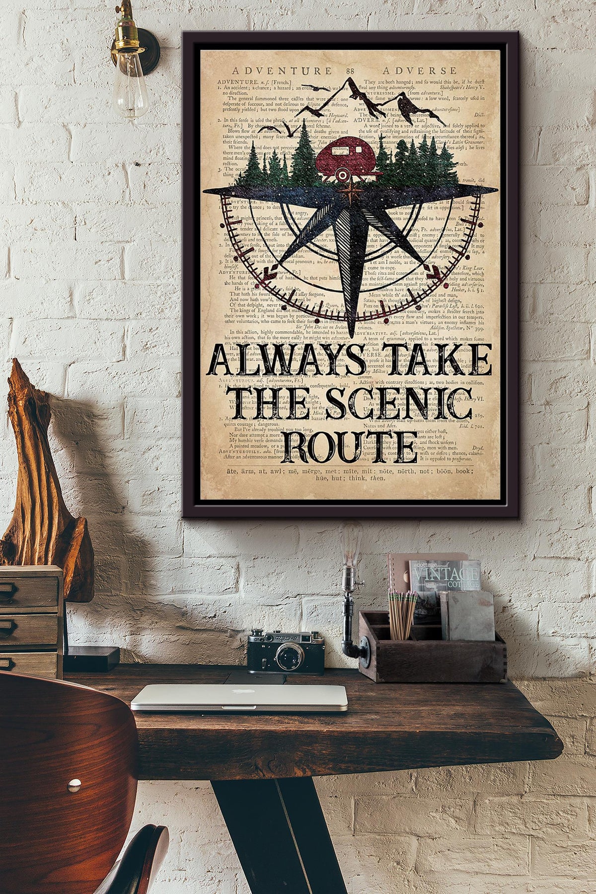 Camping Adventure Compass Always Take The Scenic Route Dictionary Poster Framed Matte Canvas