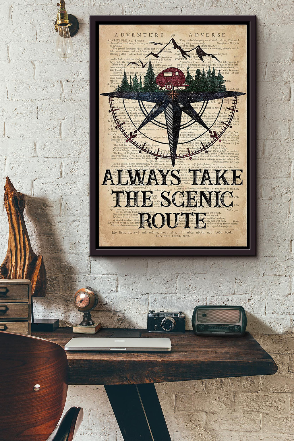 Camping Adventure Compass Always Take The Scenic Route Dictionary Poster Framed Matte Canvas