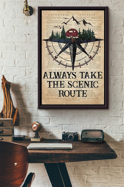 Camping Adventure Compass Always Take The Scenic Route Dictionary Poster Framed Matte Canvas
