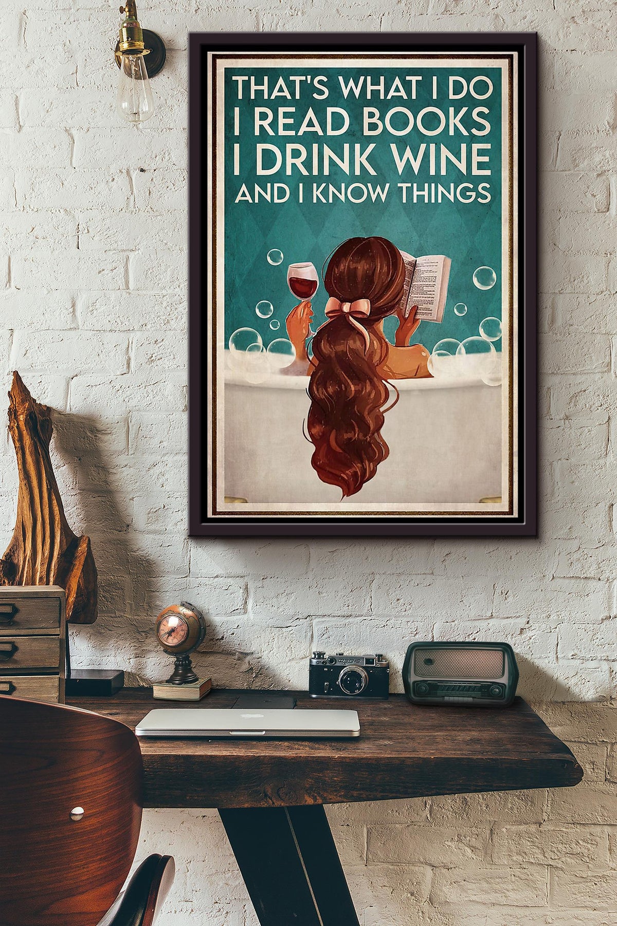 Girl Reading Drinking Wine In Bathtub Poster Framed Matte Canvas