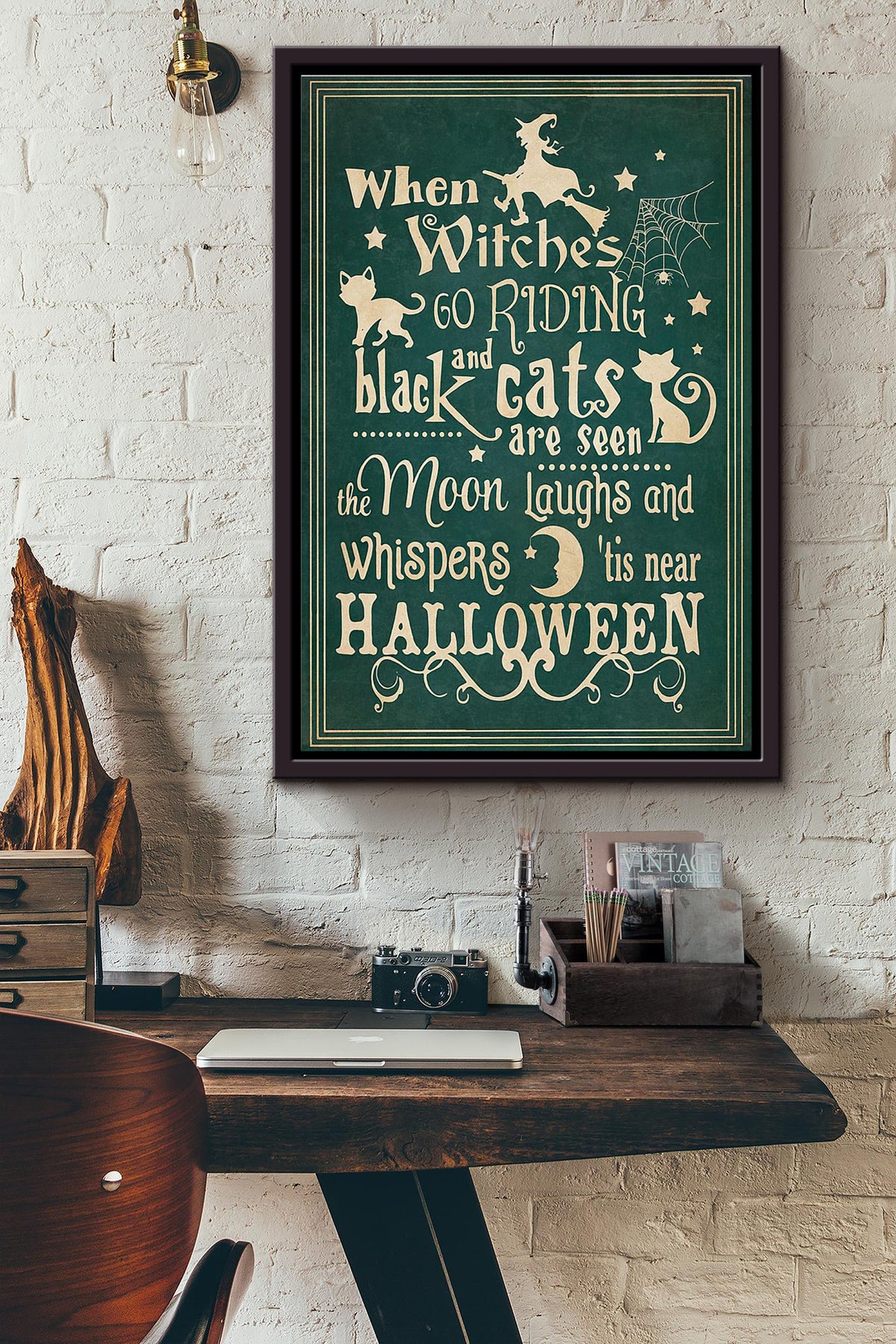 Halloween When Witches Go Riding And Black Cats Are Seen The Moon Laughs Poster Framed Matte Canvas